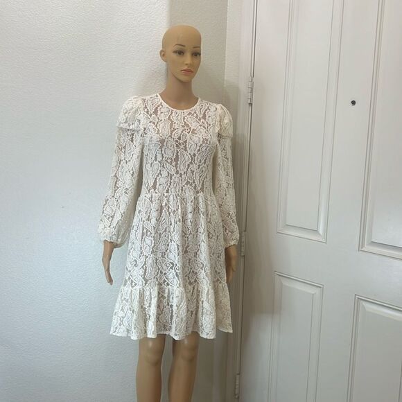 Zara Dresses & Skirts - Zara White Cream Lace Mini Dress Size Small Scoop Neck Long Sleeve Ruffles